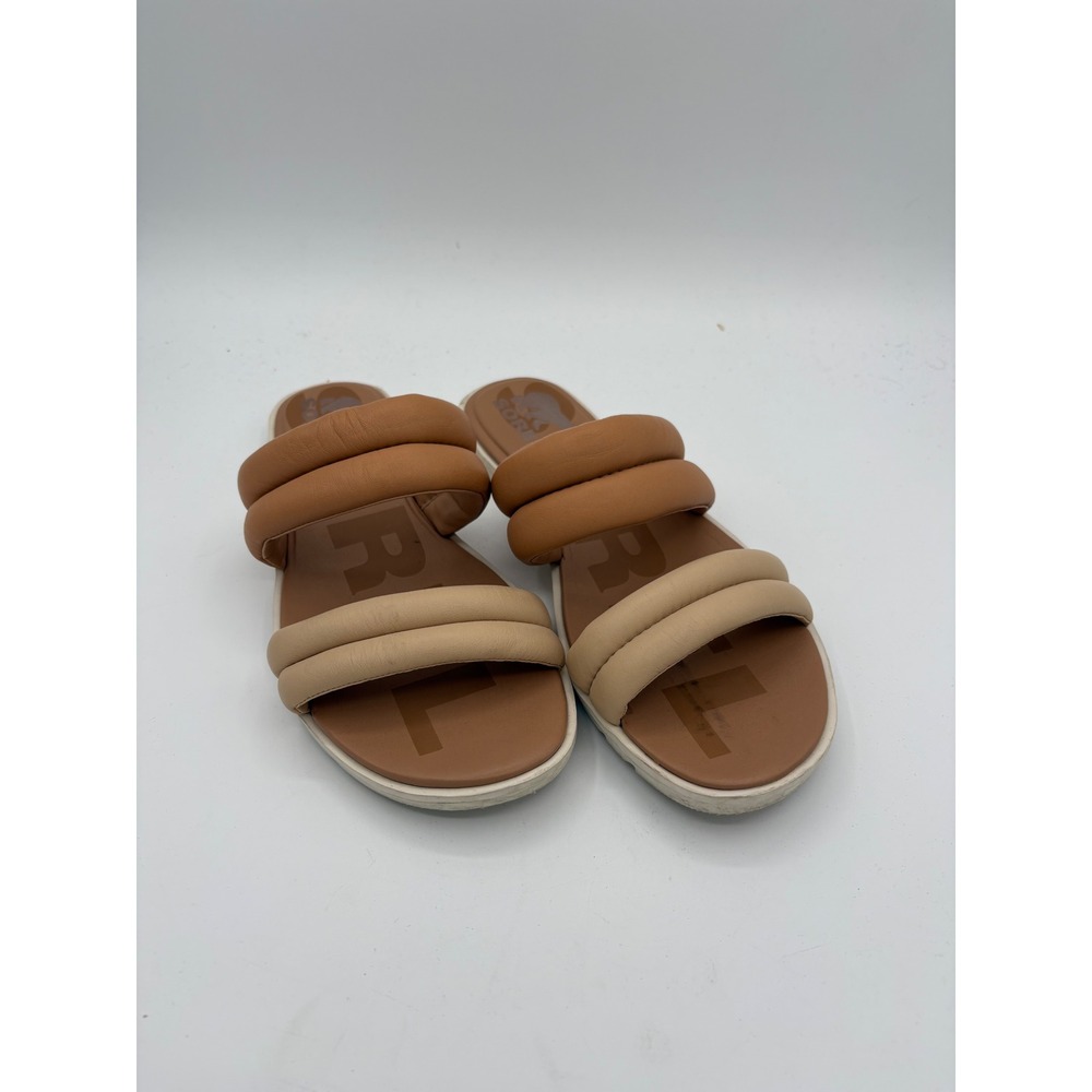 Sorel Roaming Puffy Slide Sandals Tan Beige Leather Padded Straps NL6041-209 9